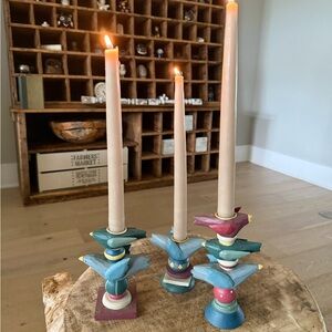 Vintage (3) Multicolor Wooden Folk Art Candle Holders